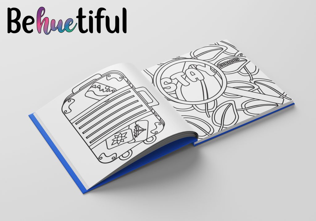 Behuetiful coloring book mockup of a suitcase and a magnifying glass with leaves
