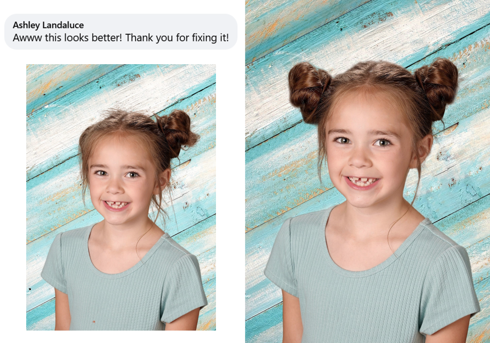 Transformed a school picture with quick edits to fix fallen space buns and clean up outfit stains. Preserved the intended look for a perfect, adorable memory!